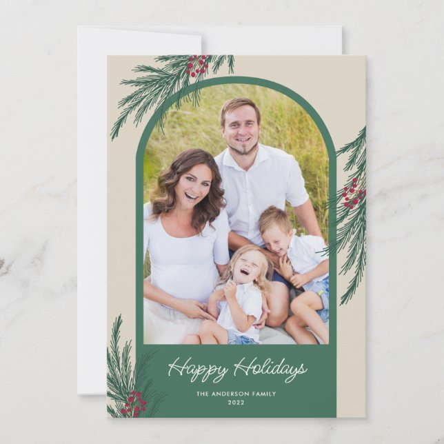 Välvd foto vintergrönska God Jul Julkort (Framsida)