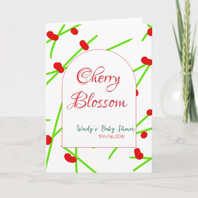 Valvform körsbärsblom rosa grön baby shower mö kort (Framsida)