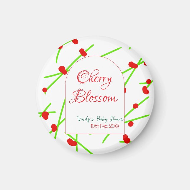 Valvform körsbärsblom rosa grön baby shower na magnet (Framsidan)