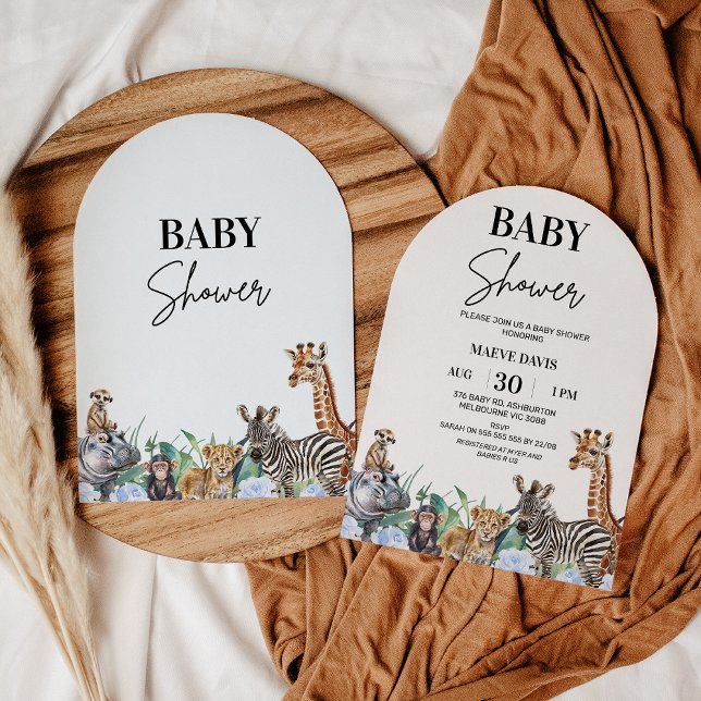 Valvta Pojkar Blå Blommig Safari Bebis Shower  Inbjudningar (Boys Arched Safari Baby Shower Invitation, Safari Animals Baby Shower Invite, Modern Blue Floral)