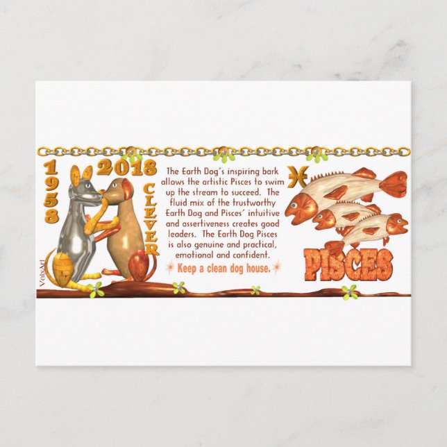 ValxArt Zodiac Earth Hund Pisces, född 1958 2018 Vykort (Framsida)