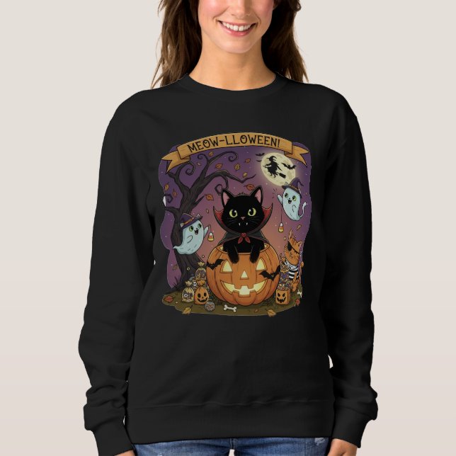 Vampire Black Cat Halloween Sweatshirt T Shirt (Framsida)