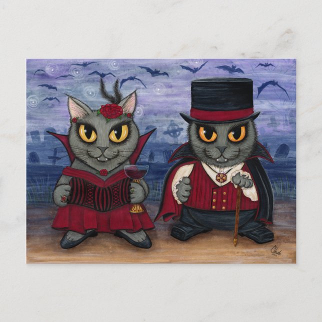 Vampire Cat lite Gothic Cemetery Fantasy Art Pos Vykort (Framsida)