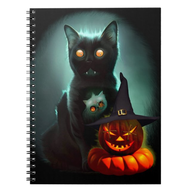 Vampire Cat och Wizard Pumpkin Halloween Surreal Anteckningsbok (Framsidan)