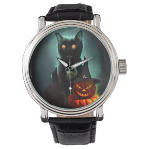Vampire Cat och Wizard Pumpkin Halloween Surreal Armbandsur