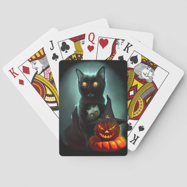 Vampire Cat och Wizard Pumpkin Halloween Surreal Casinokort (Baksidan)