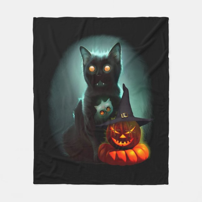 Vampire Cat och Wizard Pumpkin Halloween Surreal Fleecefilt (Framsidan)