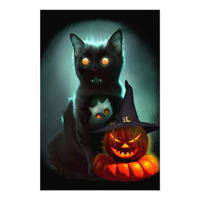 Vampire Cat och Wizard Pumpkin Halloween Surreal Fototryck (Framsidan)