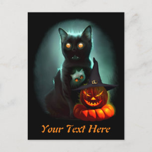 Vampire Cat och Wizard Pumpkin Halloween Surreal Helg Vykort