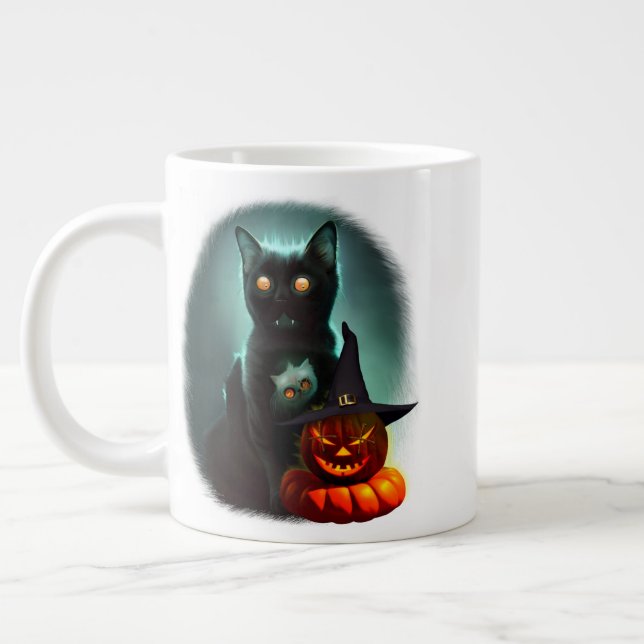 Vampire Cat och Wizard Pumpkin Halloween Surreal Jumbo Mugg (Vänster)