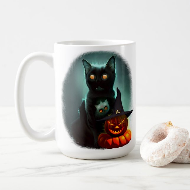 Vampire Cat och Wizard Pumpkin Halloween Surreal Kaffemugg (Med munk)