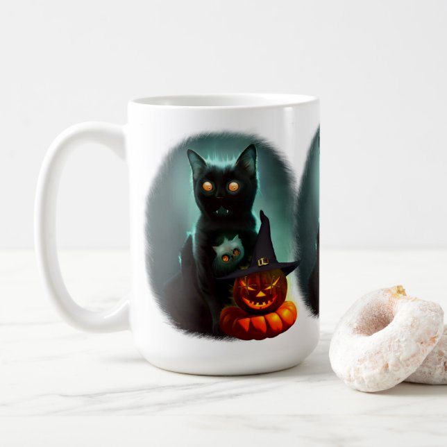 Vampire Cat och Wizard Pumpkin Halloween Surreal Kaffemugg (Med munk)