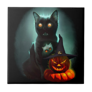 Vampire Cat och Wizard Pumpkin Halloween Surreal Kakelplatta