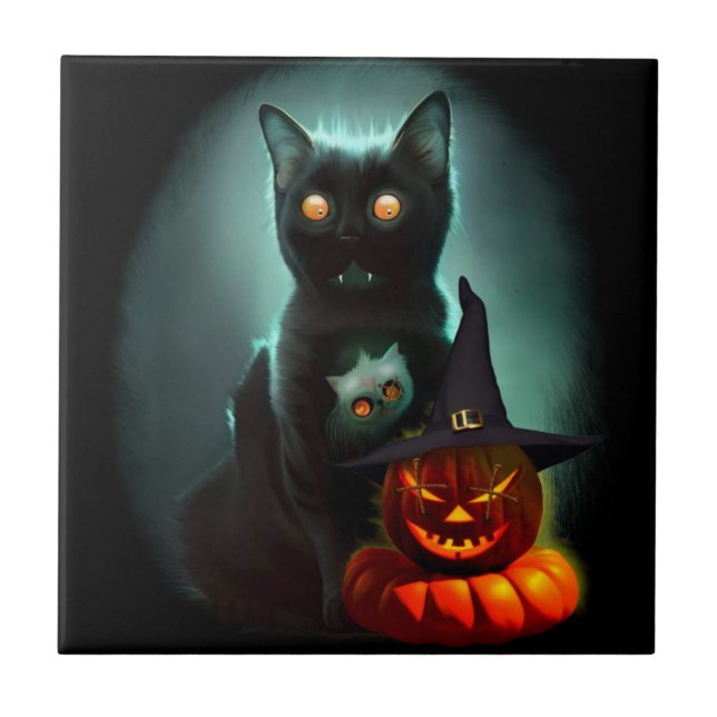 Vampire Cat och Wizard Pumpkin Halloween Surreal Kakelplatta (Framsidan)