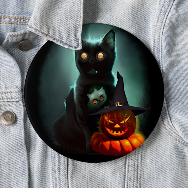 Vampire Cat och Wizard Pumpkin Halloween Surreal Knapp (In Situ)