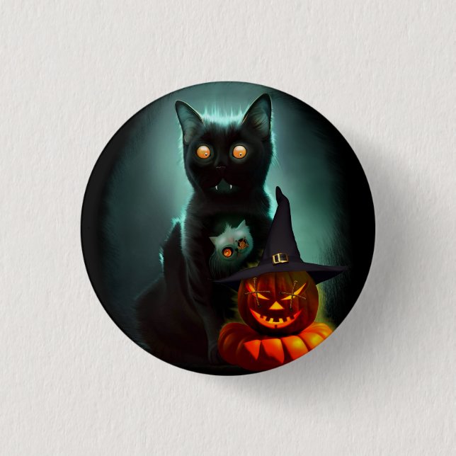 Vampire Cat och Wizard Pumpkin Halloween Surreal Knapp (Framsida)