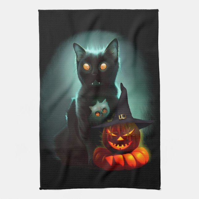 Vampire Cat och Wizard Pumpkin Halloween Surreal Kökshandduk (Vertikal)