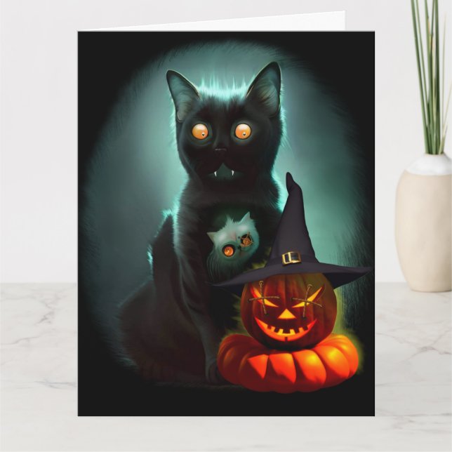 Vampire Cat och Wizard Pumpkin Halloween Surreal Kort (Framsida)