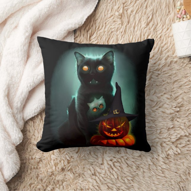 Vampire Cat och Wizard Pumpkin Halloween Surreal Kudde (Filt)