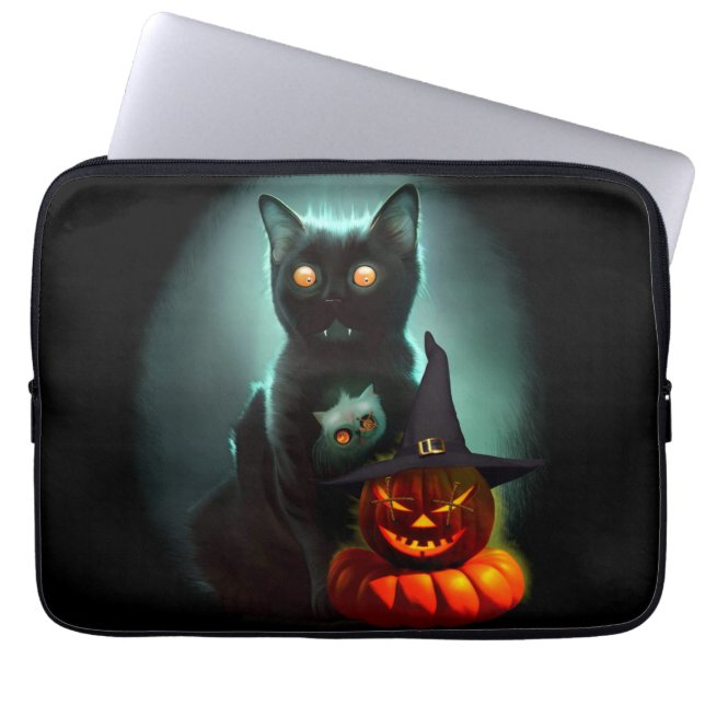 Vampire Cat och Wizard Pumpkin Halloween Surreal Laptop Fodral (Framsidan)