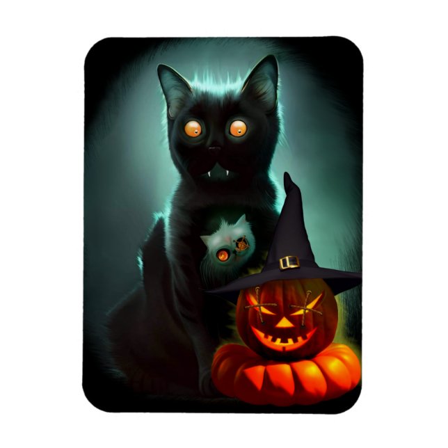 Vampire Cat och Wizard Pumpkin Halloween Surreal Magnet (Vertikal)