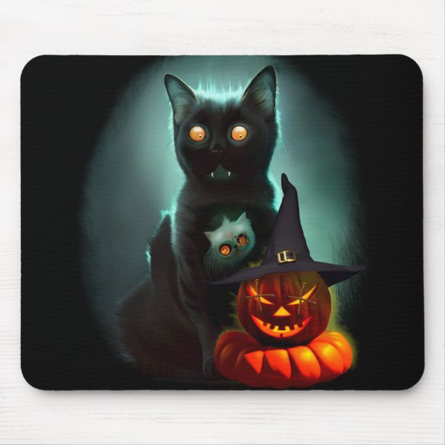 Vampire Cat och Wizard Pumpkin Halloween Surreal Musmatta (Framsidan)