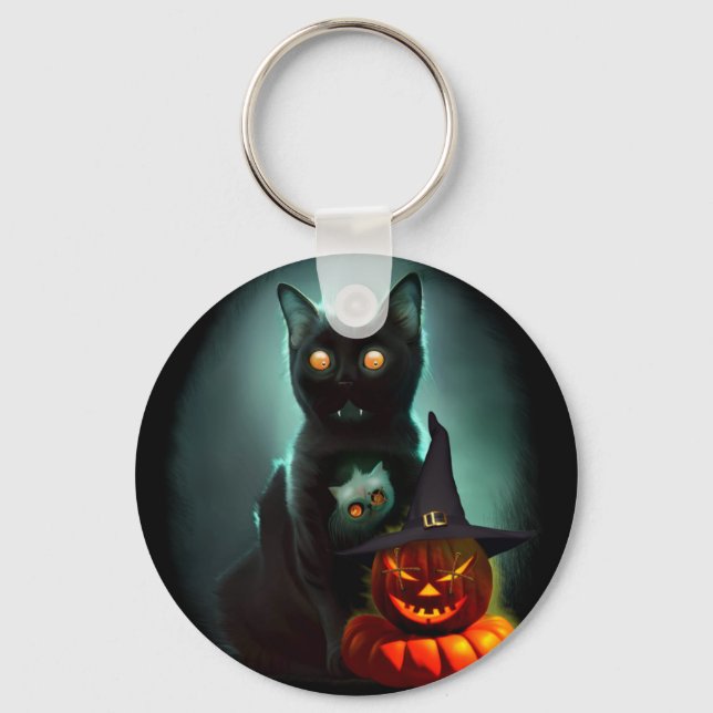 Vampire Cat och Wizard Pumpkin Halloween Surreal Nyckelring (Framsida)