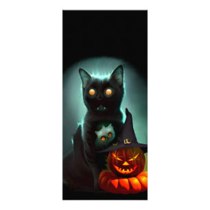Vampire Cat och Wizard Pumpkin Halloween Surreal Reklamkort