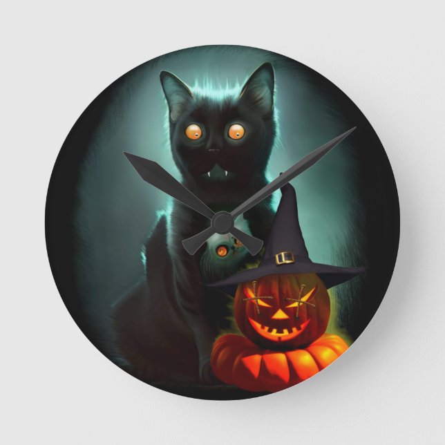 Vampire Cat och Wizard Pumpkin Halloween Surreal Rund Klocka (Framsida)