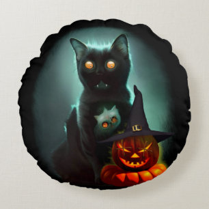 Vampire Cat och Wizard Pumpkin Halloween Surreal Rund Kudde