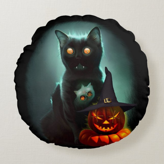 Vampire Cat och Wizard Pumpkin Halloween Surreal Rund Kudde (Framsidan)