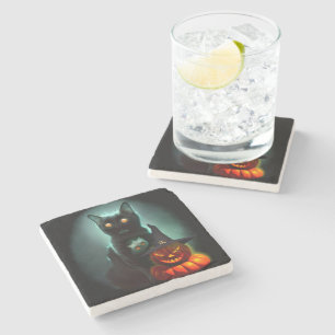 Vampire Cat och Wizard Pumpkin Halloween Surreal Stenunderlägg