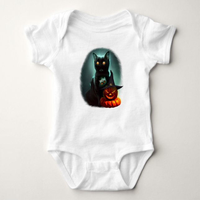 Vampire Cat och Wizard Pumpkin Halloween Surreal T Shirt (Framsida)