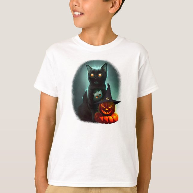 Vampire Cat och Wizard Pumpkin Halloween Surreal T Shirt (Framsida)
