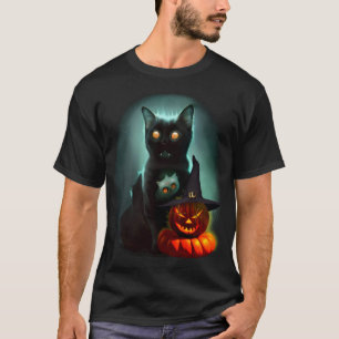 Vampire Cat och Wizard Pumpkin Halloween Surreal T Shirt