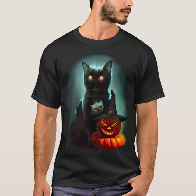 Vampire Cat och Wizard Pumpkin Halloween Surreal T Shirt (Framsida)
