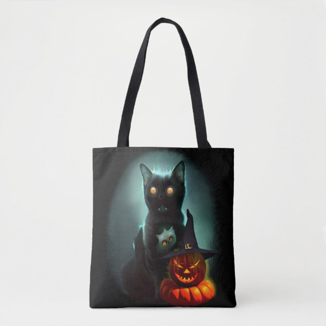 Vampire Cat och Wizard Pumpkin Halloween Surreal Tygkasse (Framsida)