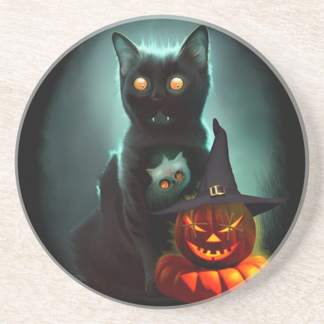 Vampire Cat och Wizard Pumpkin Halloween Surreal Underlägg (Framsidan)