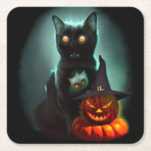 Vampire Cat och Wizard Pumpkin Halloween Surreal Underlägg Papper Kvadrat