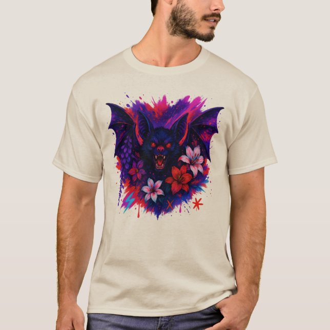 Vampire Fladdermus Neon Halloween Art T Shirt (Framsida)