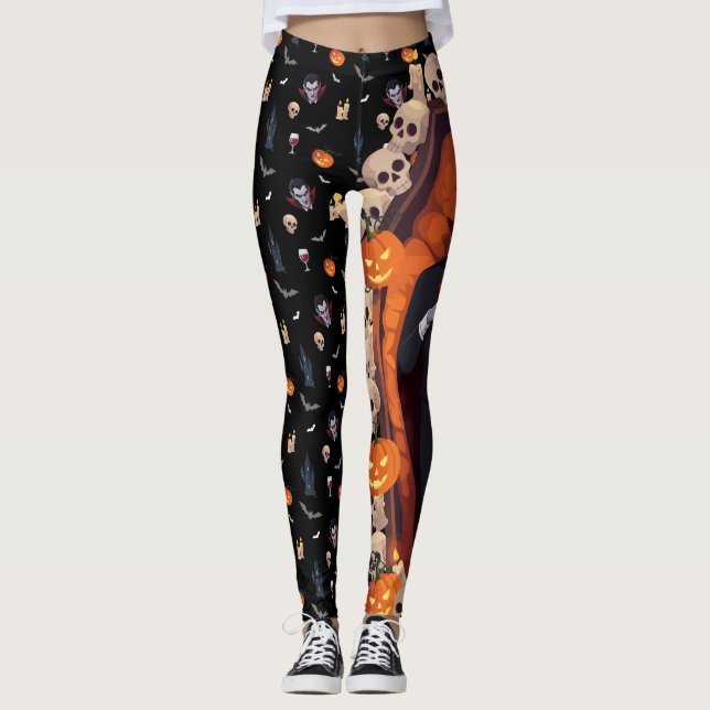 🦇 Vampire Gothic Halloween Leggings 🎃 Black 🖤 (Framsida)