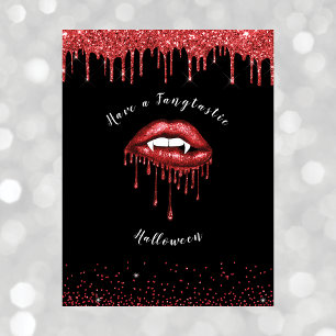 Vampire Red Glitter Läppar & Fangs Halloween Black Helg Vykort