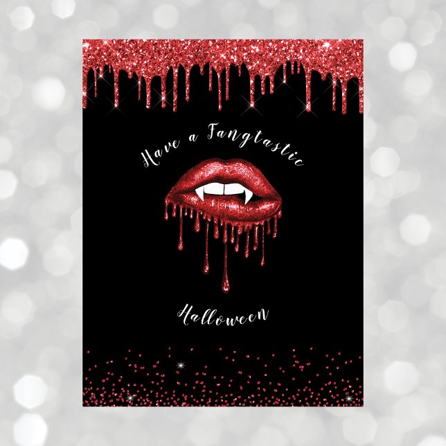 Vampire Red Glitter Läppar & Fangs Halloween Black Helg Vykort (Skapare uppladdad)