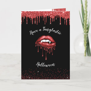 Vampire red glitter läppar & fangs Halloween Helgkort