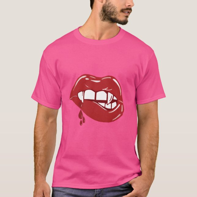 Vampire röda läppar Blod droppar retro T Shirt (Framsida)