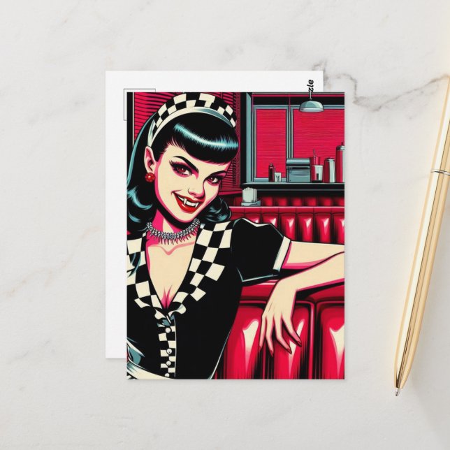 Vampire Waitress på Retro-Middagen Vykort (Fram/Back In Situ)