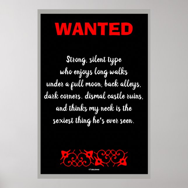 Vampire Wanted Funny Gothic Art Print Poster (Framsidan)