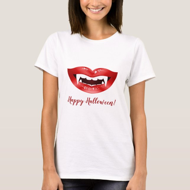 Vampireläppar Röd mun med hörntänder Glad Hallowee T Shirt (Framsida)