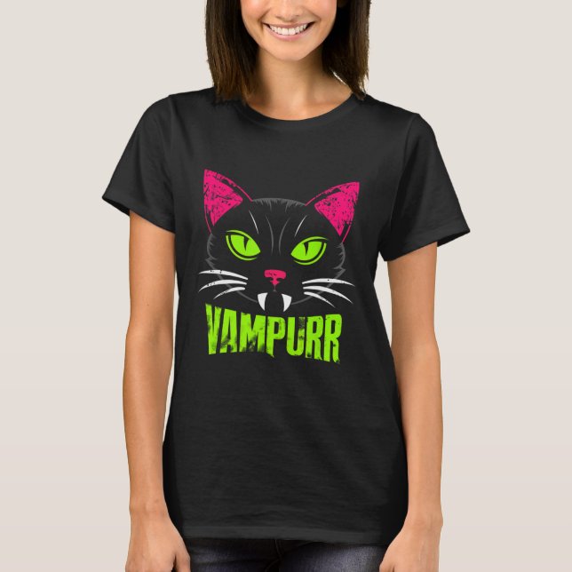Vampurr Cat Black Cat Halloween Spooky Vampire T Shirt (Framsida)
