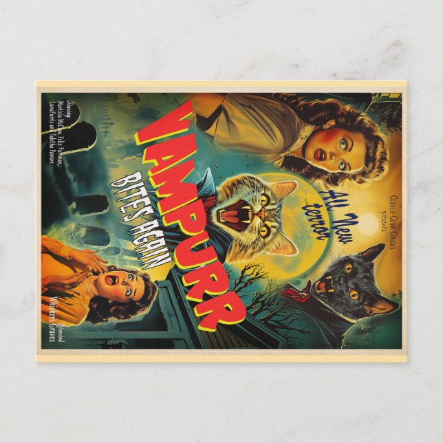 Vampurr Vampire Cat- retro horror poster Vykort (Framsida)